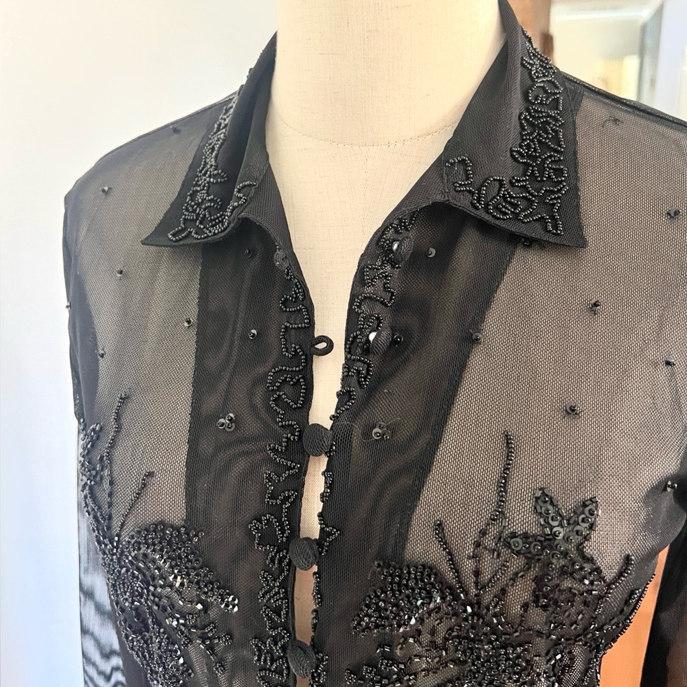 VTG Caché,Sheer Beaded Mesh Blouse 90s Y2K Evening Goth Glam Stretch Top Size L - Picture 6 of 12